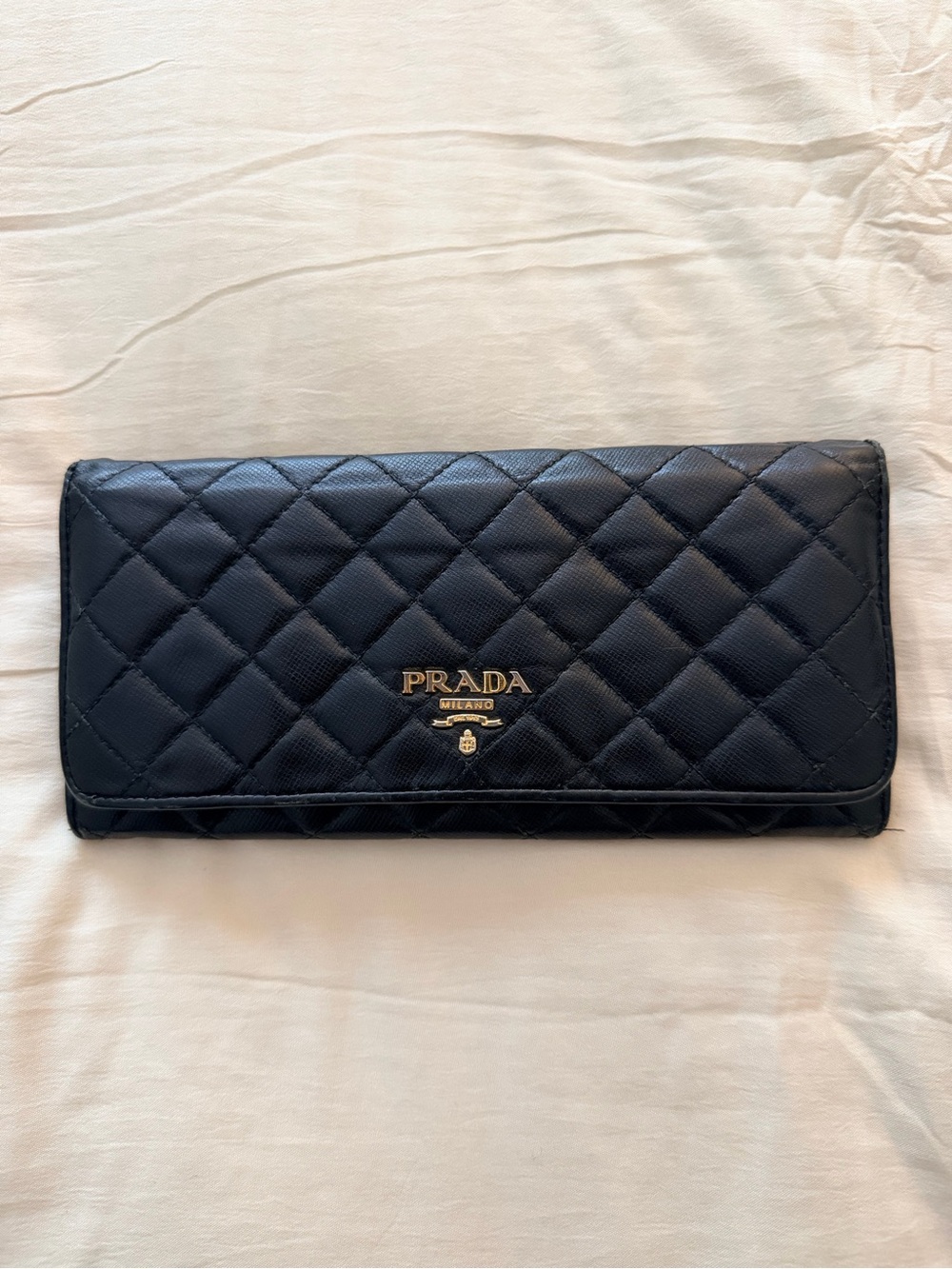 Prada Quilted Black Leather Continental Wallet with Gold Logo